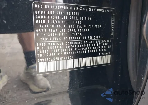 2022 Volkswagen Tiguan 2.0T S из США, поврежденный, VIN 3VV1B7AX2NM144609